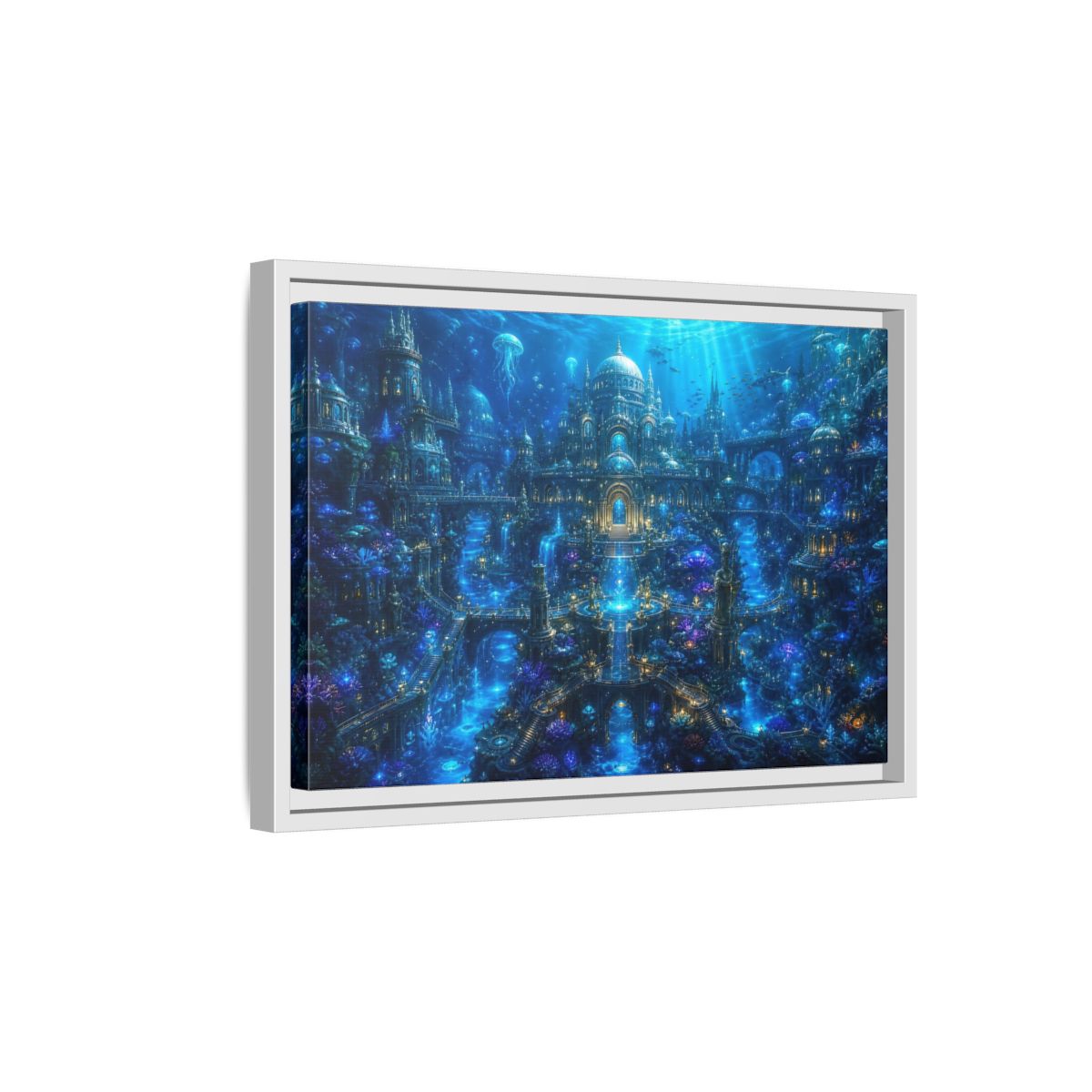 Side Mockup 4. Science Fiction Underwater City Blue Underwater City shown as stretched canvas wall art