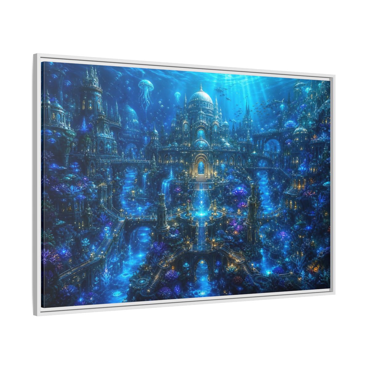 Side Mockup 7. Science Fiction Underwater City Blue Underwater City shown as stretched canvas wall art