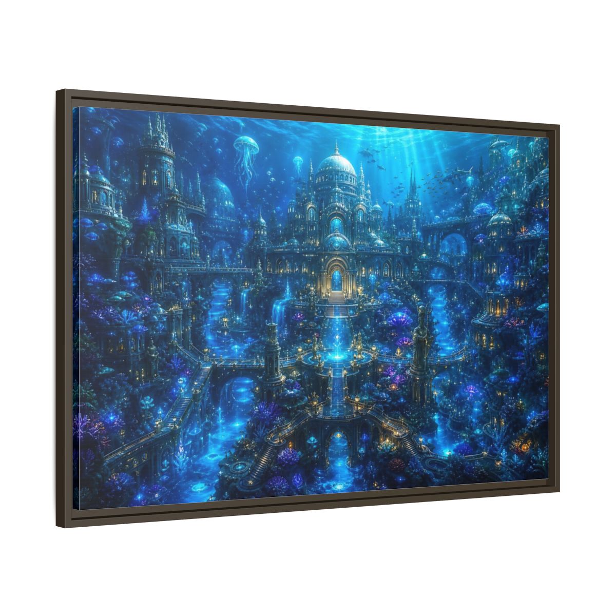 Main Mockup. Science Fiction Underwater City Blue Underwater City shown as stretched canvas wall art