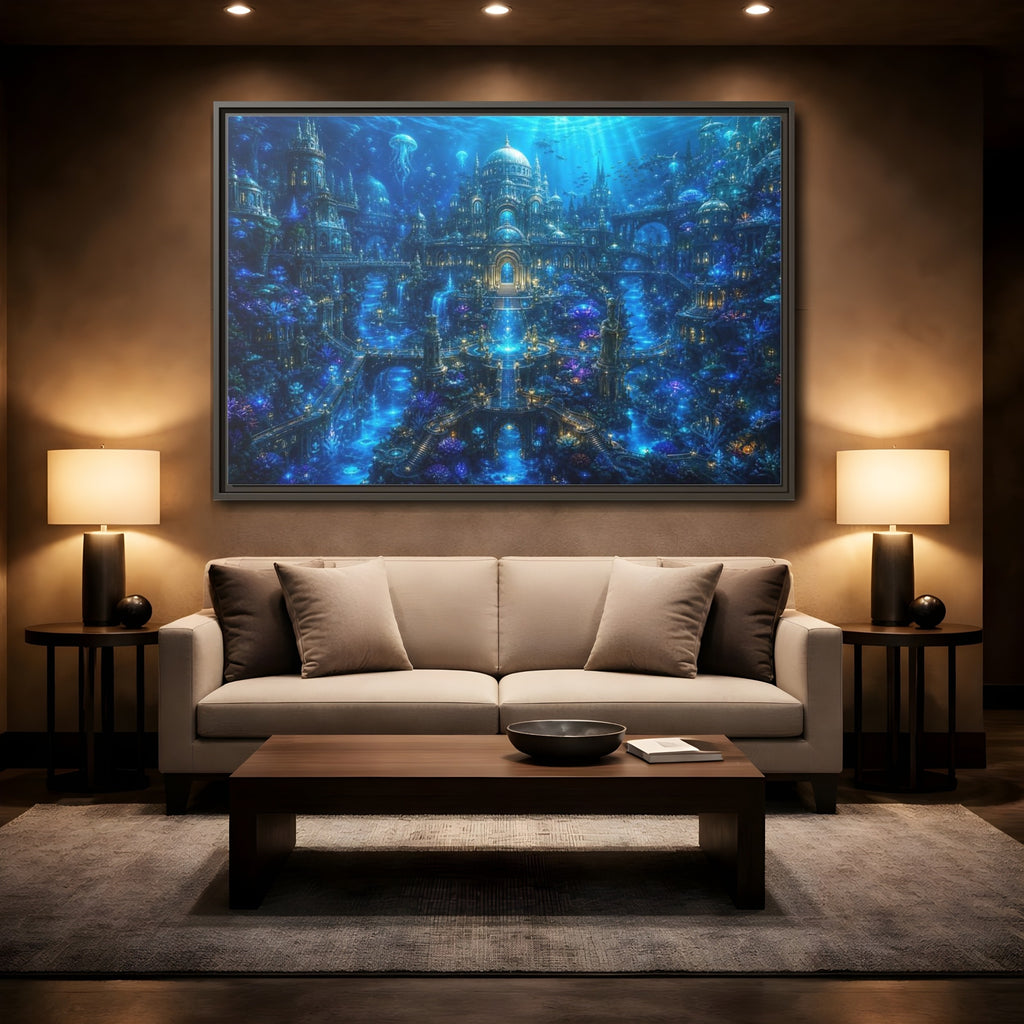 Mockup 2. Science Fiction Underwater City Blue Underwater City shown as stretched canvas wall art