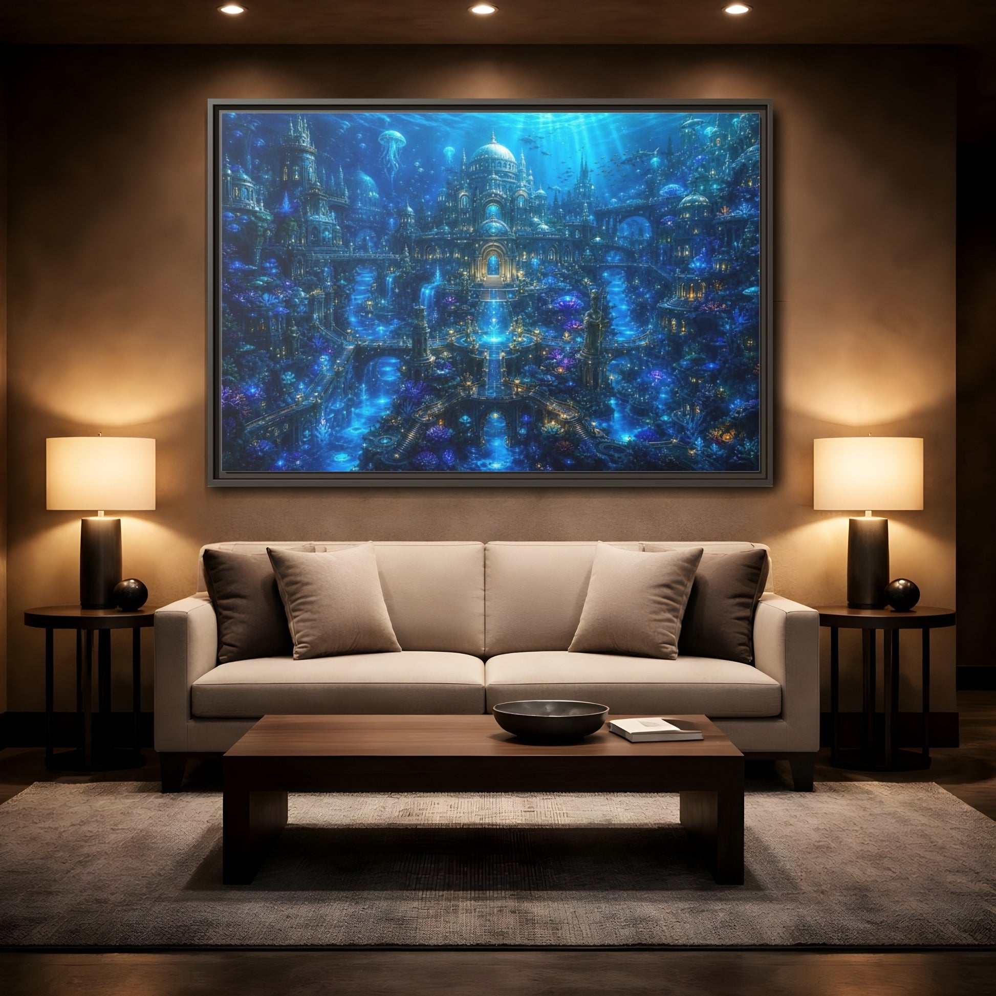 Mockup 2. Science Fiction Underwater City Blue Underwater City shown as stretched canvas wall art