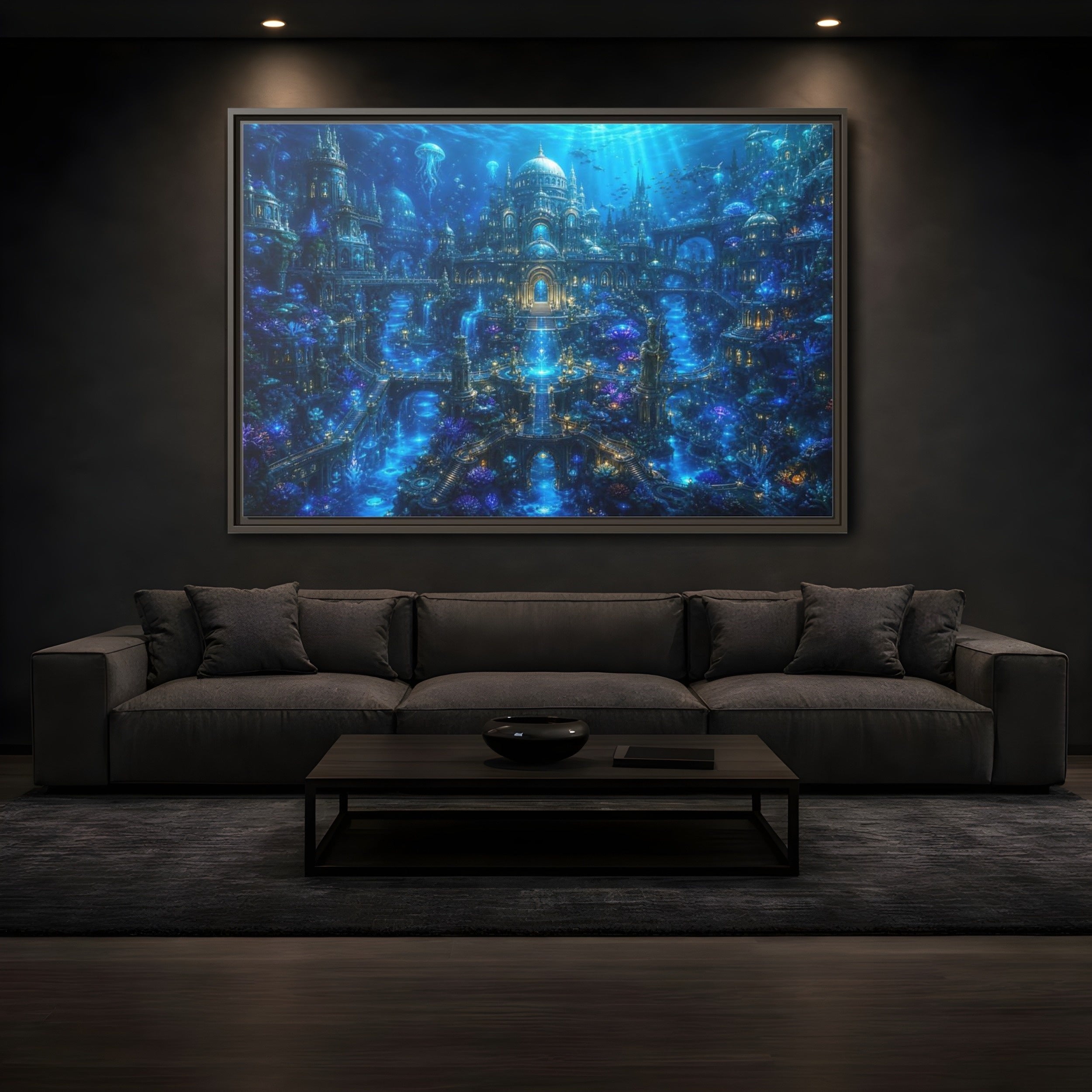 Mockup 3. Science Fiction Underwater City Blue Underwater City shown as stretched canvas wall art
