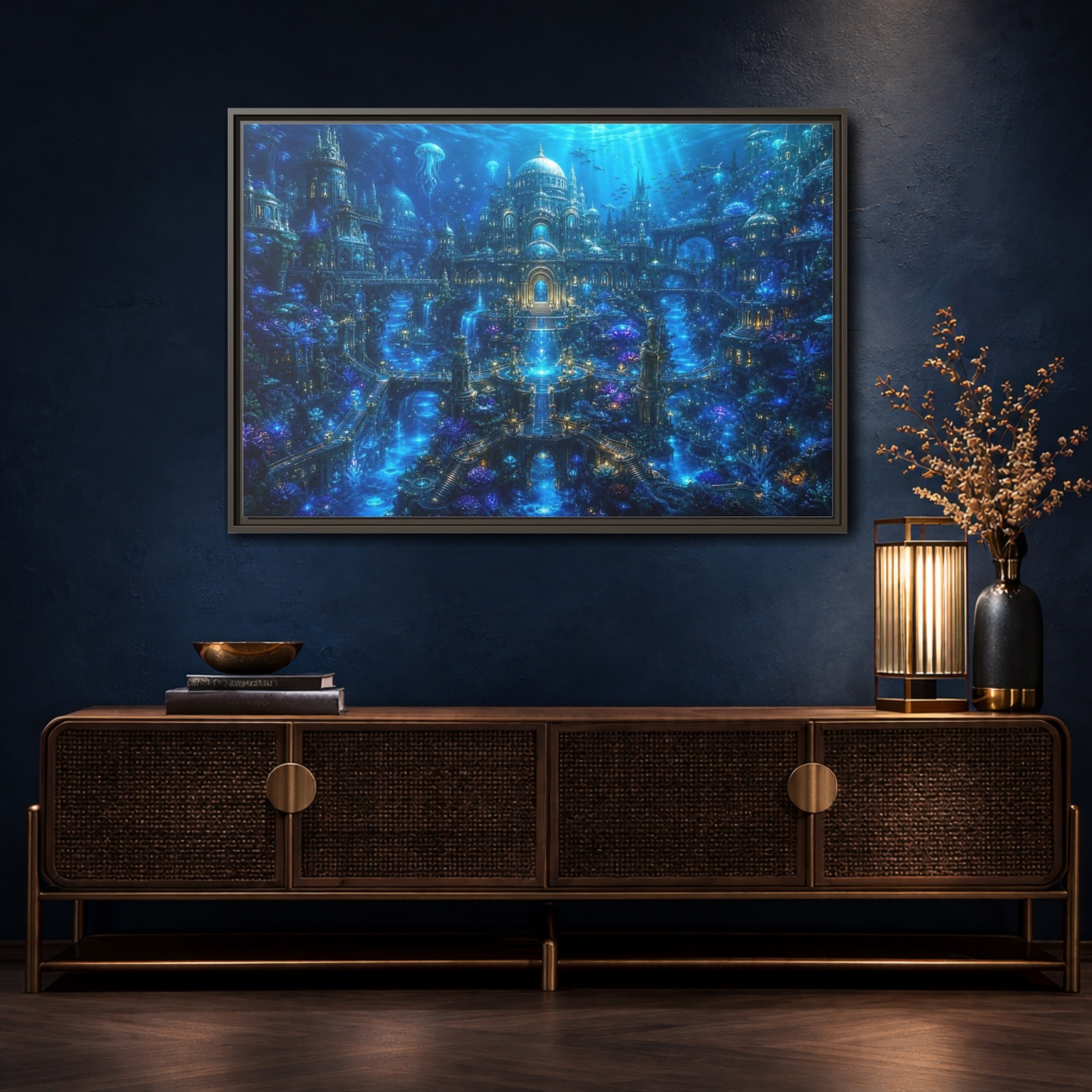 Mockup 4. Science Fiction Underwater City Blue Underwater City shown as stretched canvas wall art