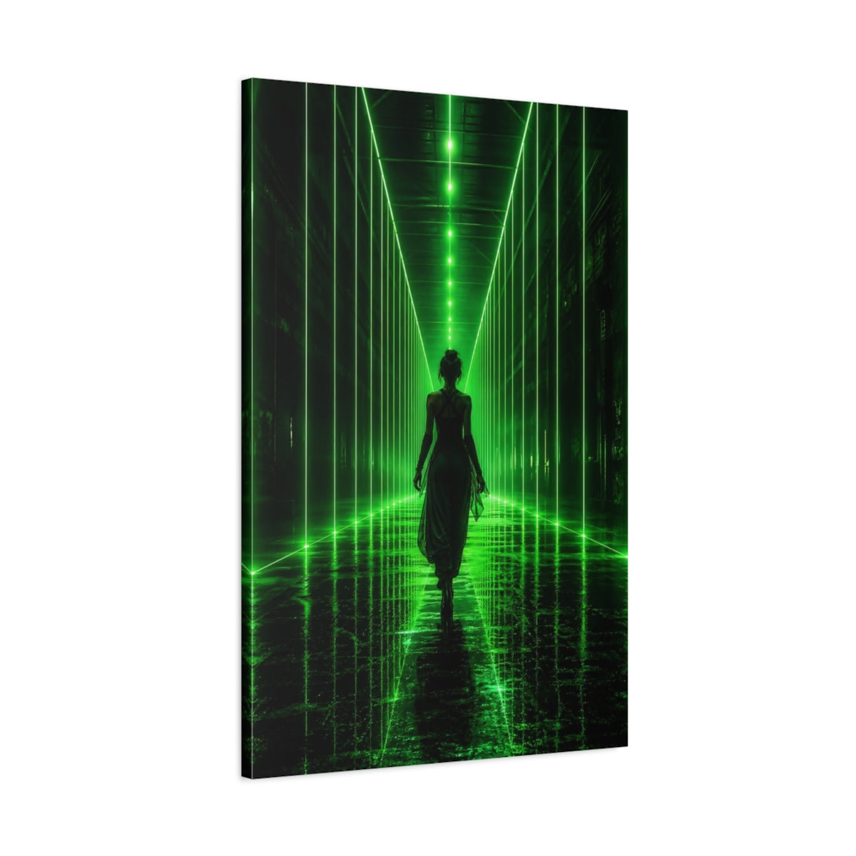 Main Mockup. Science Fiction Woman Walking Green And Black shown as canvas print