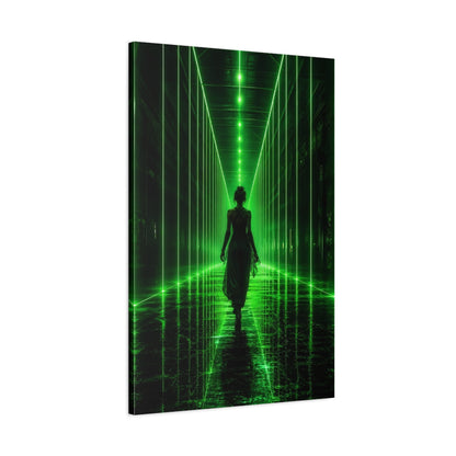 Main Mockup. Science Fiction Woman Walking Green And Black shown as canvas print