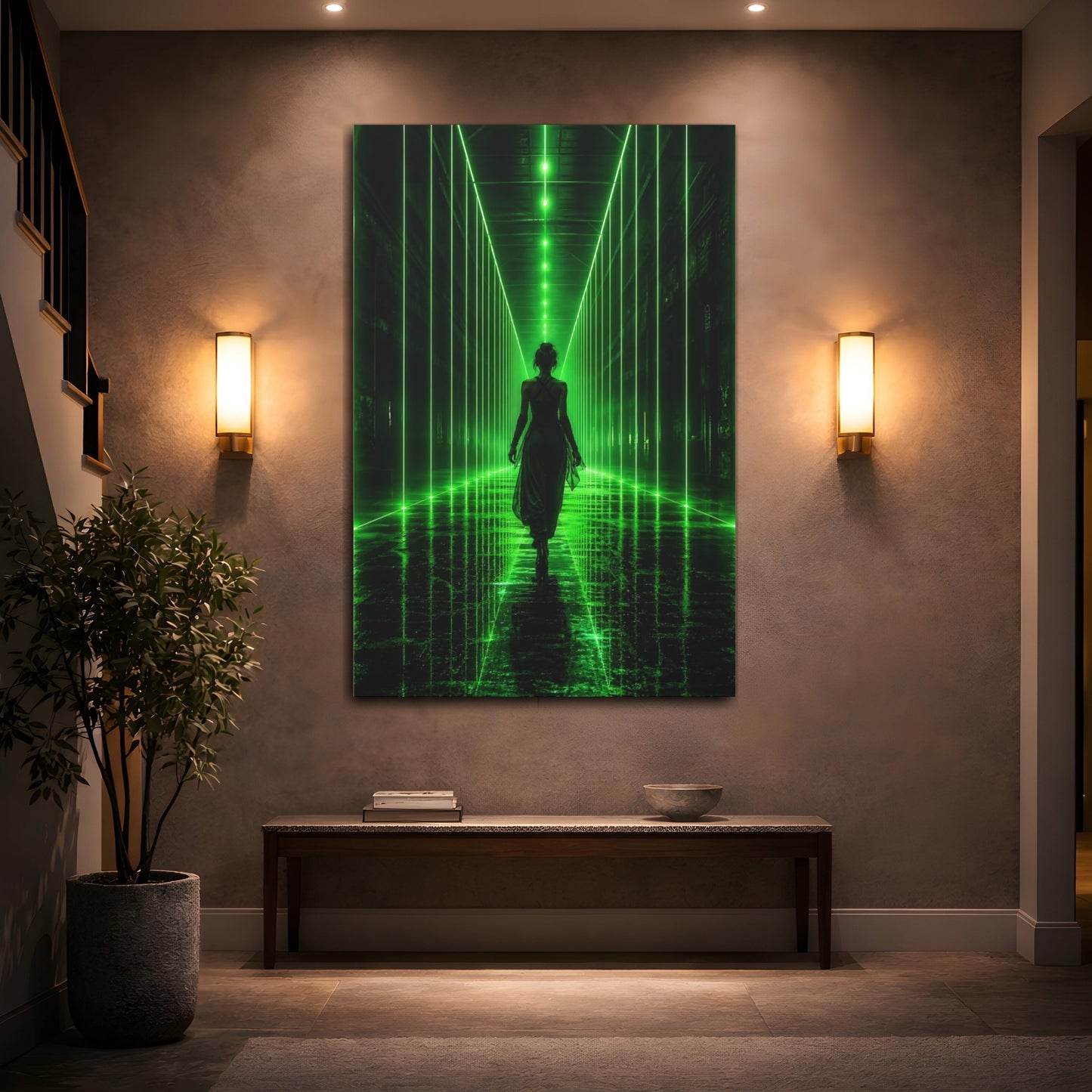 Mockup 2. Science Fiction Woman Walking Green And Black shown as canvas print