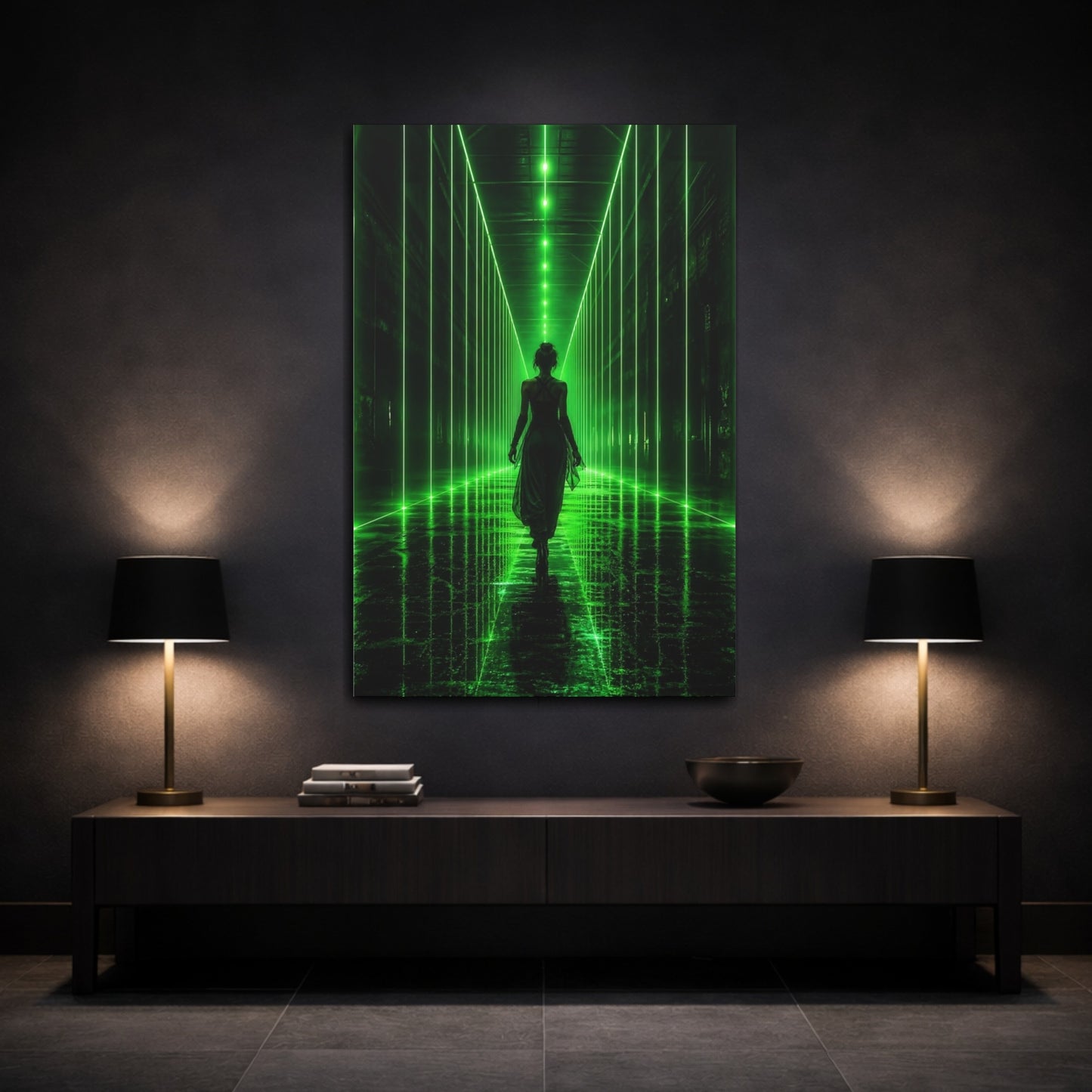 Mockup 3. Science Fiction Woman Walking Green And Black shown as canvas print