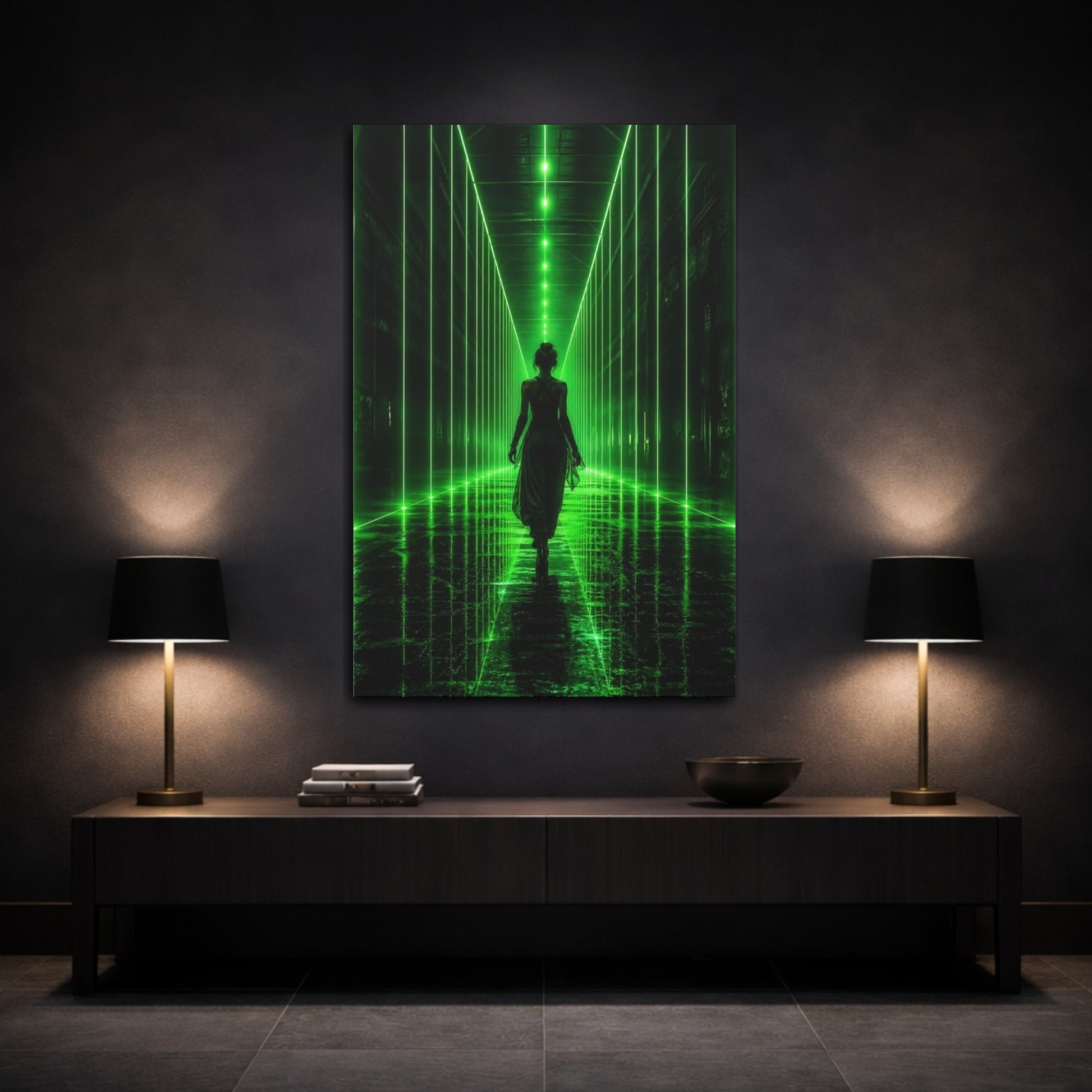 Mockup 3. Science Fiction Woman Walking Green And Black shown as canvas print