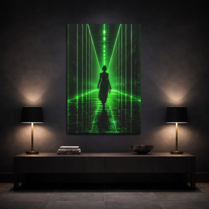 Mockup 3. Science Fiction Woman Walking Green And Black shown as canvas print