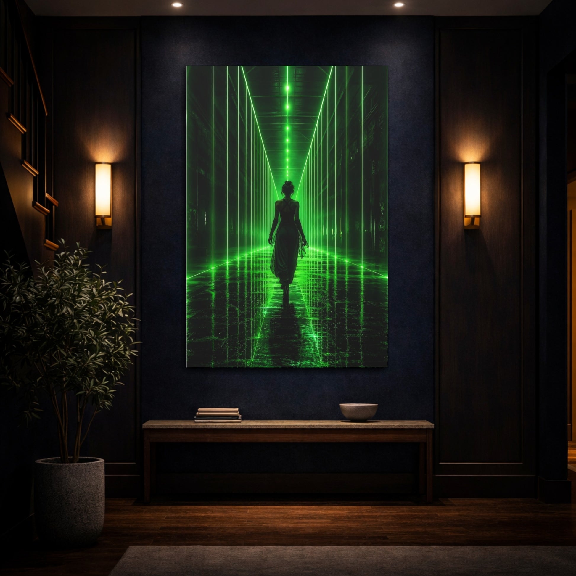 Mockup 4. Science Fiction Woman Walking Green And Black shown as canvas print