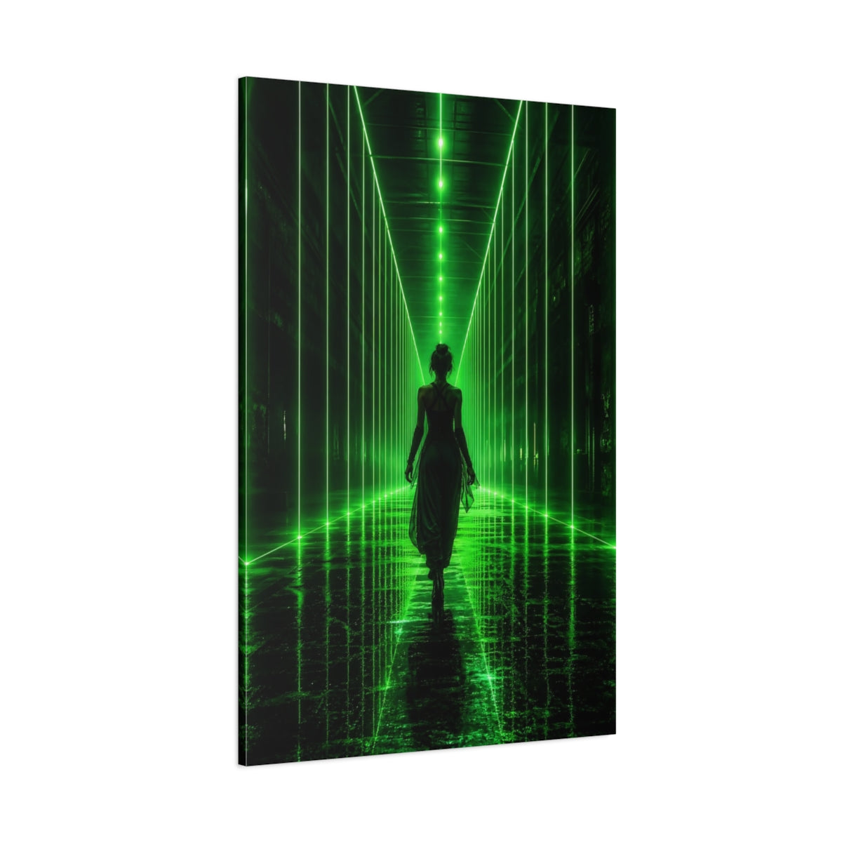 Side Mockup 1. Science Fiction Woman Walking Green And Black shown as canvas print