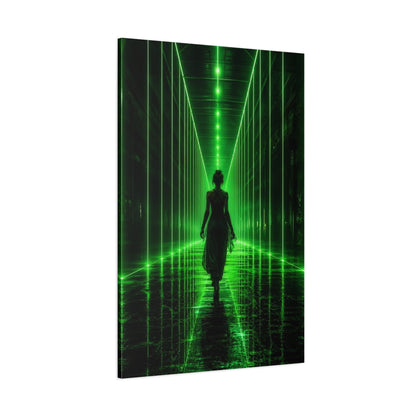 Side Mockup 1. Science Fiction Woman Walking Green And Black shown as canvas print