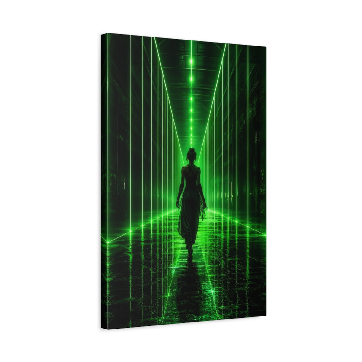 Side Mockup 3. Science Fiction Woman Walking Green And Black shown as canvas print