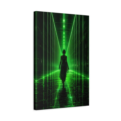 Side Mockup 3. Science Fiction Woman Walking Green And Black shown as canvas print
