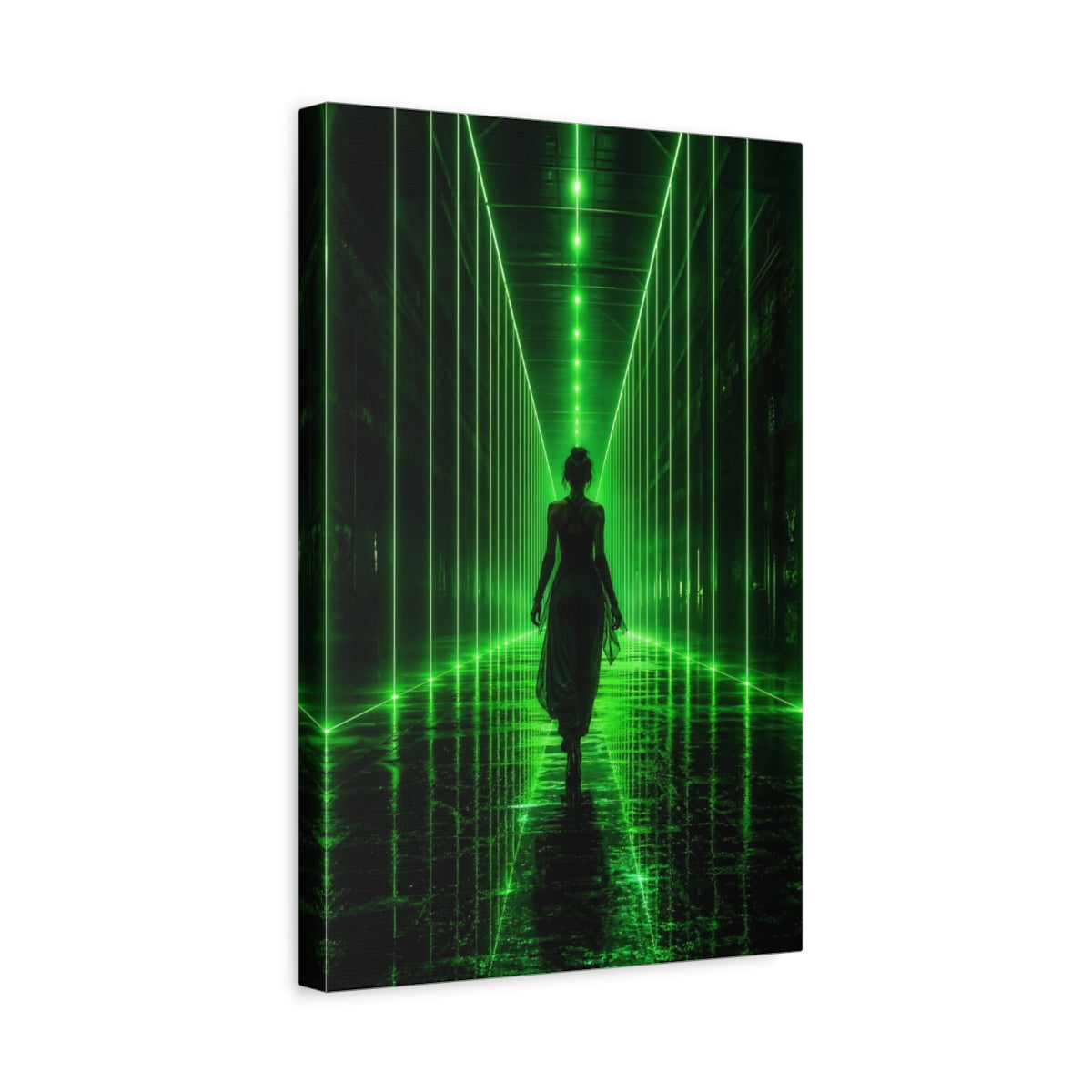 Side Mockup 4. Science Fiction Woman Walking Green And Black shown as canvas print