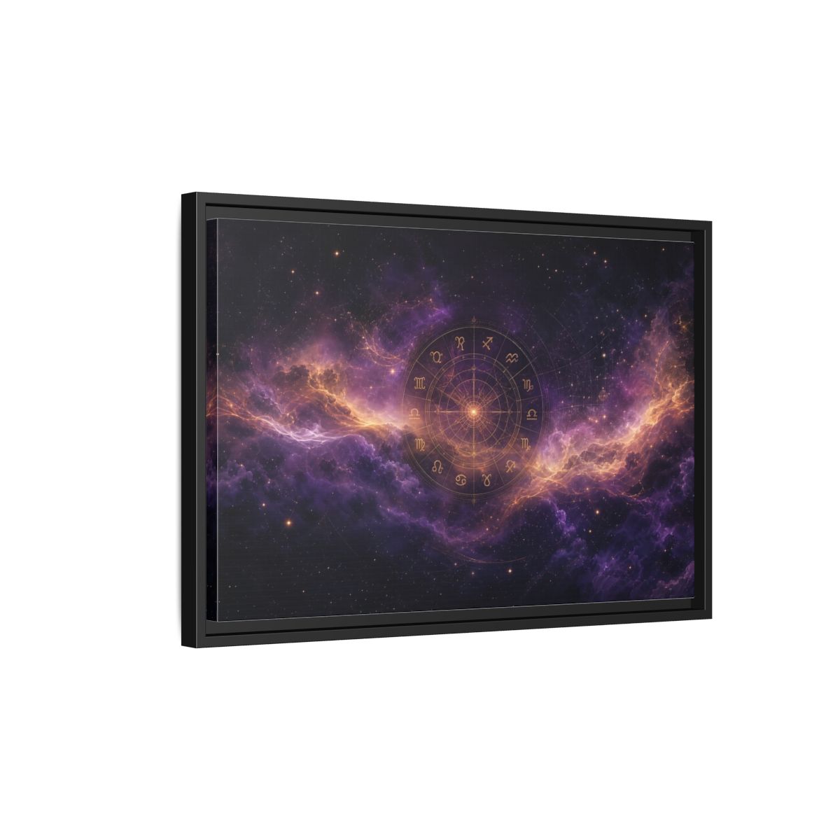 Side Mockup 3. Science Fiction Zodiac Wheel Purple And Gold shown as stretched canvas wall art