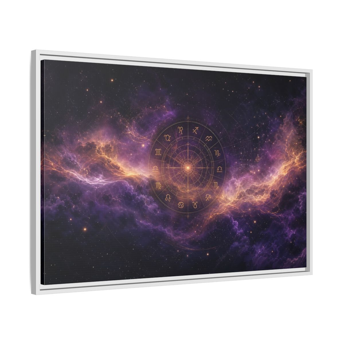 Side Mockup 9. Science Fiction Zodiac Wheel Purple And Gold shown as stretched canvas wall art