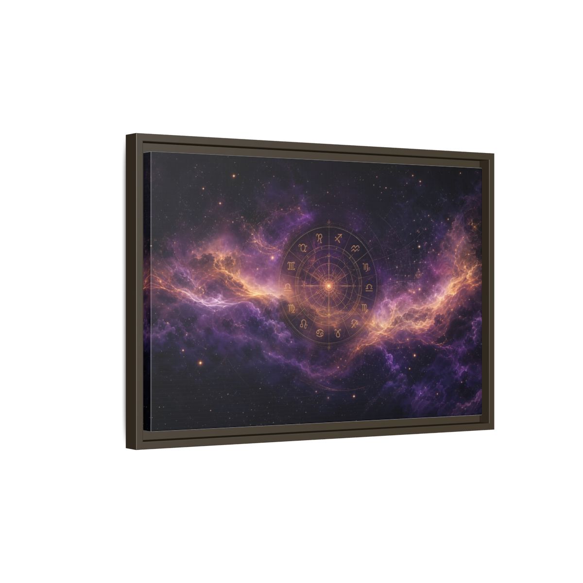 Side Mockup 2. Science Fiction Zodiac Wheel Purple And Gold shown as stretched canvas wall art