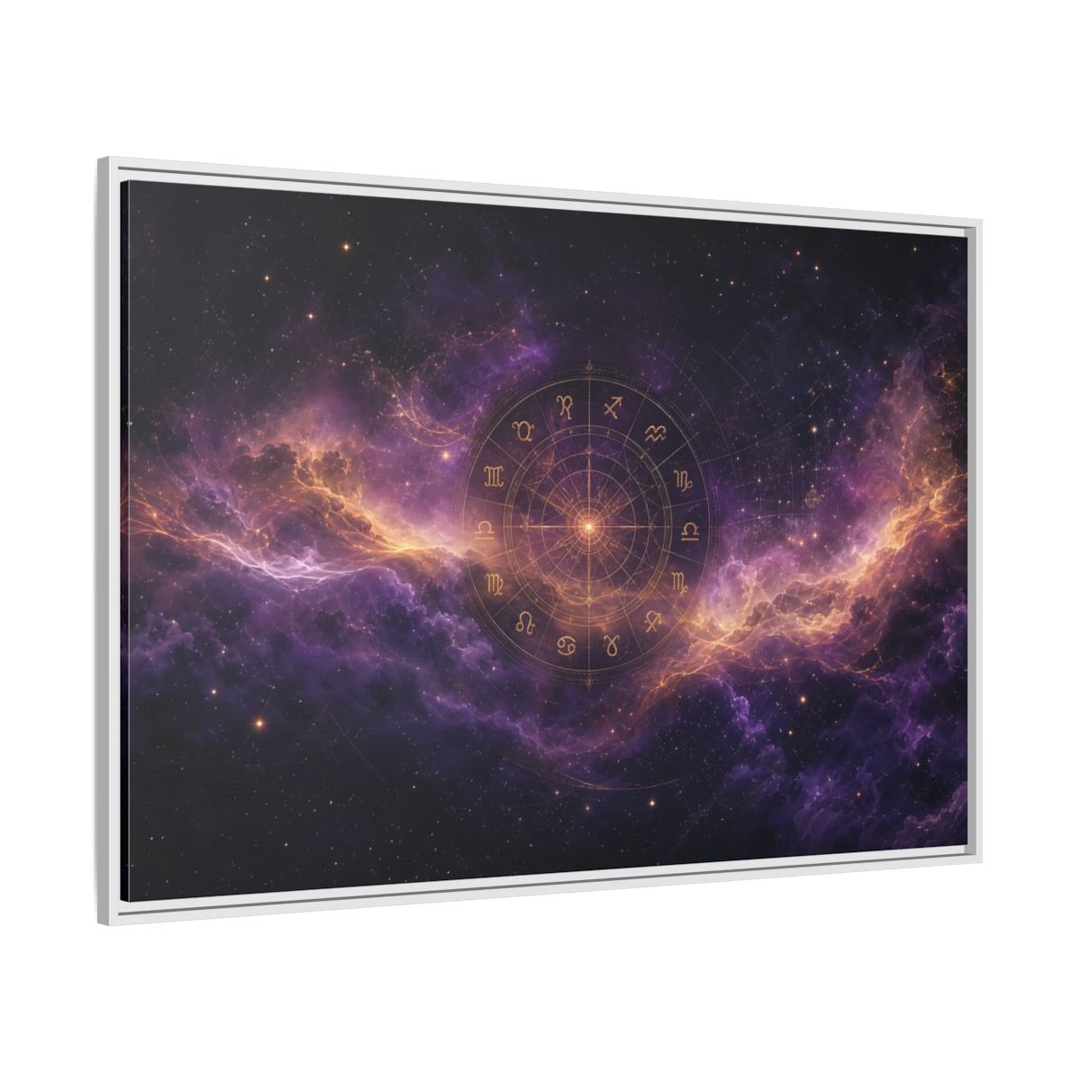 Side Mockup 7. Science Fiction Zodiac Wheel Purple And Gold shown as stretched canvas wall art