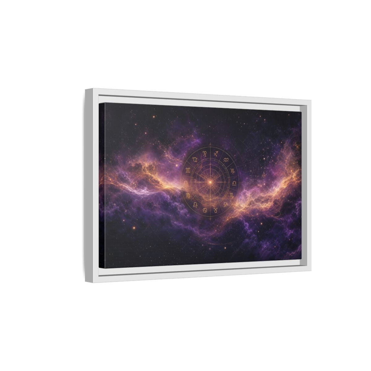 Side Mockup 4. Science Fiction Zodiac Wheel Purple And Gold shown as stretched canvas wall art