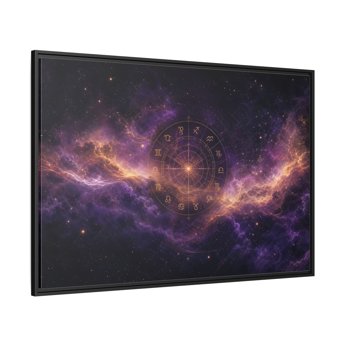 Side Mockup 12. Science Fiction Zodiac Wheel Purple And Gold shown as stretched canvas wall art