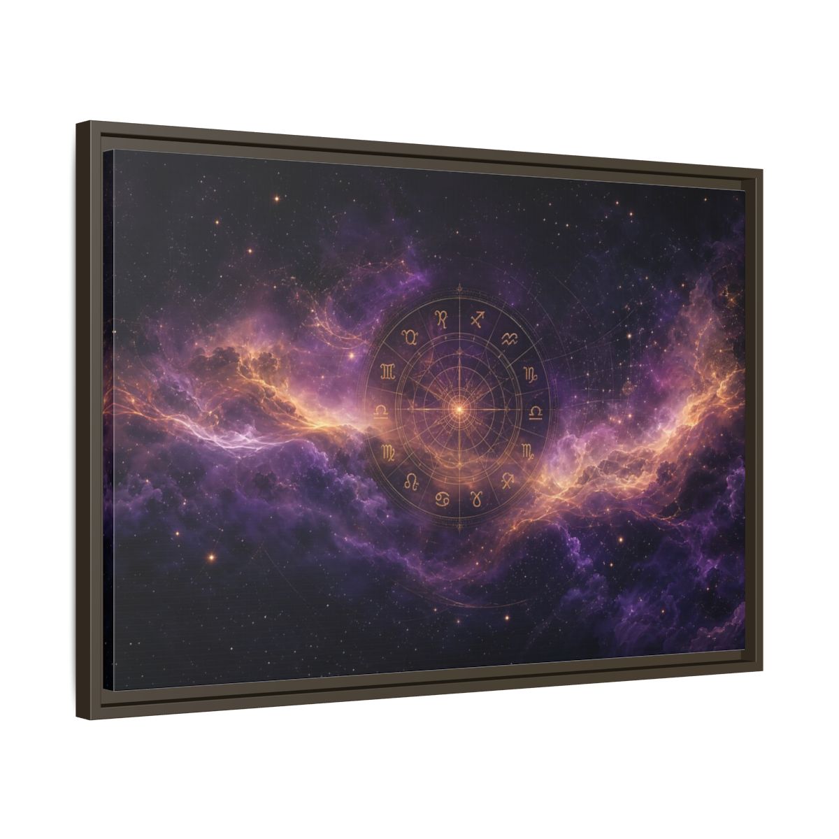 Side Mockup 11. Science Fiction Zodiac Wheel Purple And Gold shown as stretched canvas wall art