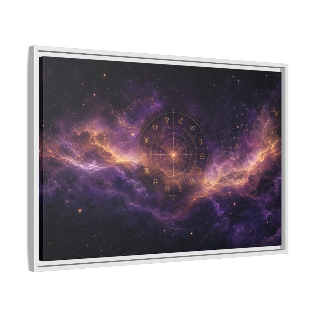 Side Mockup 10. Science Fiction Zodiac Wheel Purple And Gold shown as stretched canvas wall art