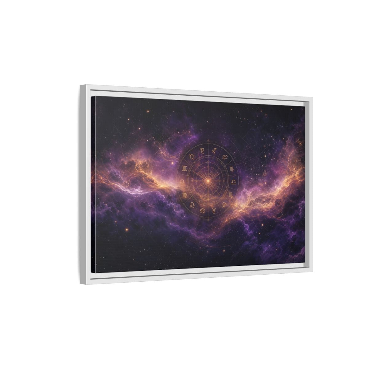 Side Mockup 1. Science Fiction Zodiac Wheel Purple And Gold shown as stretched canvas wall art
