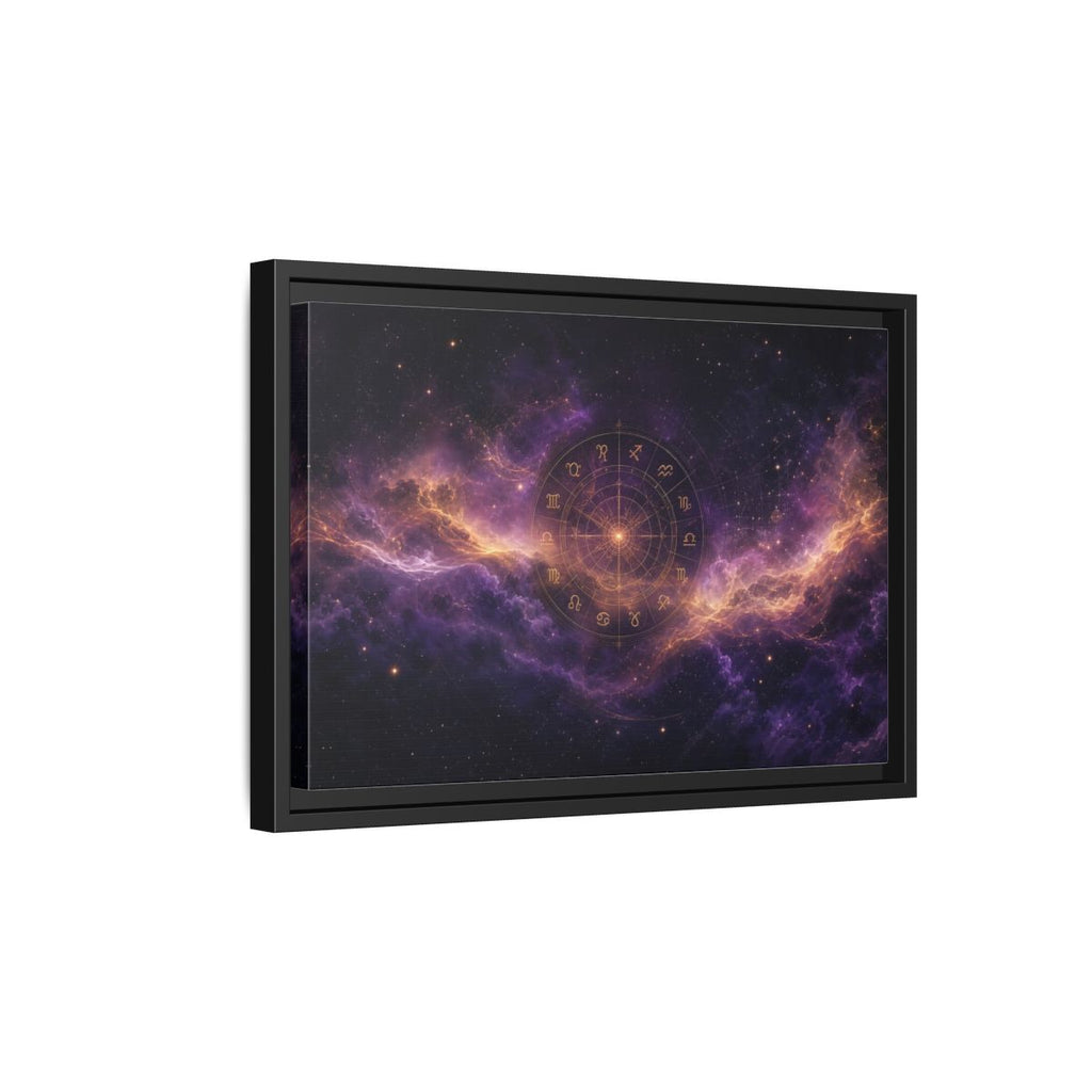 Side Mockup 6. Science Fiction Zodiac Wheel Purple And Gold shown as stretched canvas wall art