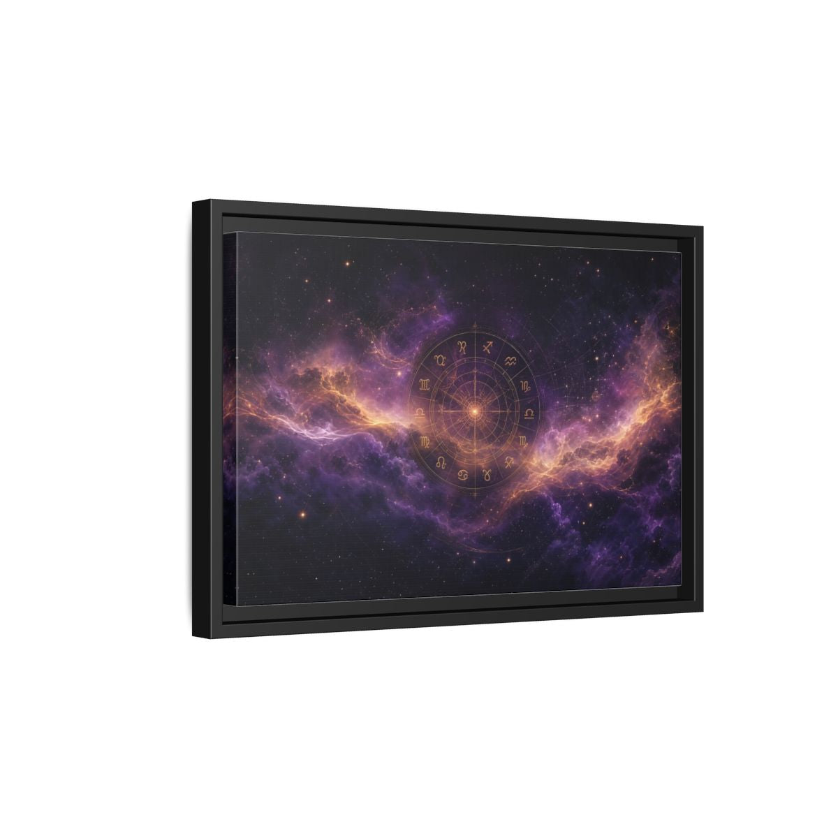 Side Mockup 6. Science Fiction Zodiac Wheel Purple And Gold shown as stretched canvas wall art