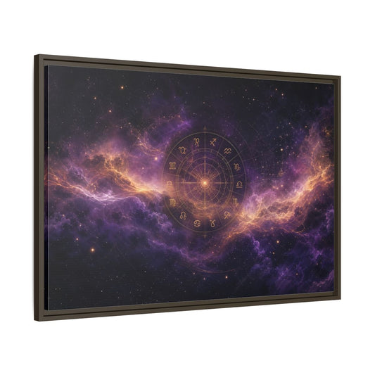 Main Mockup. Science Fiction Zodiac Wheel Purple And Gold shown as stretched canvas wall art