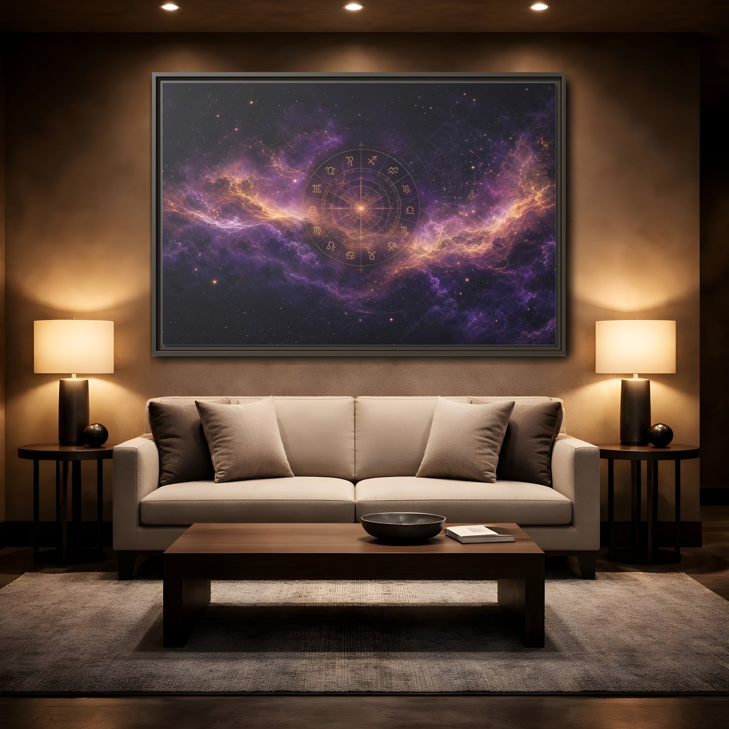 Mockup 2. Science Fiction Zodiac Wheel Purple And Gold shown as stretched canvas wall art