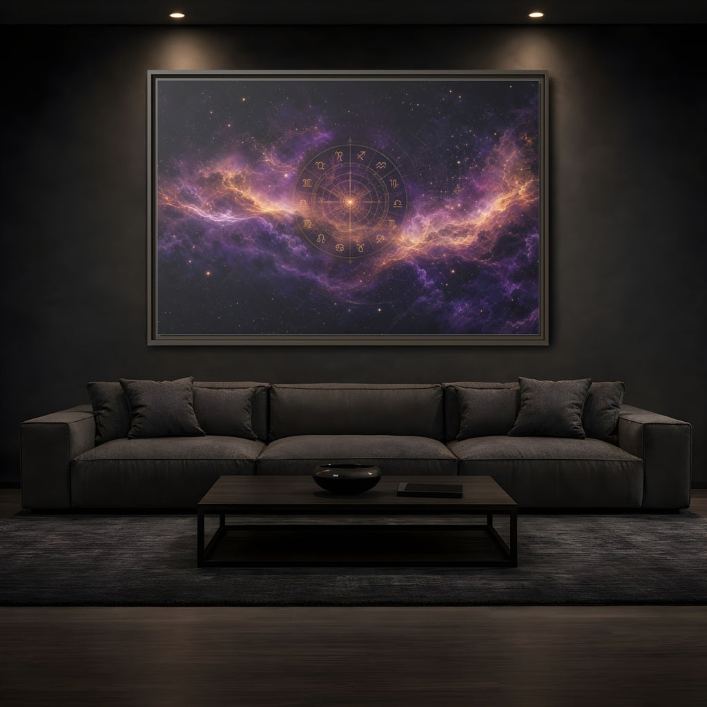 Mockup 3. Science Fiction Zodiac Wheel Purple And Gold shown as stretched canvas wall art