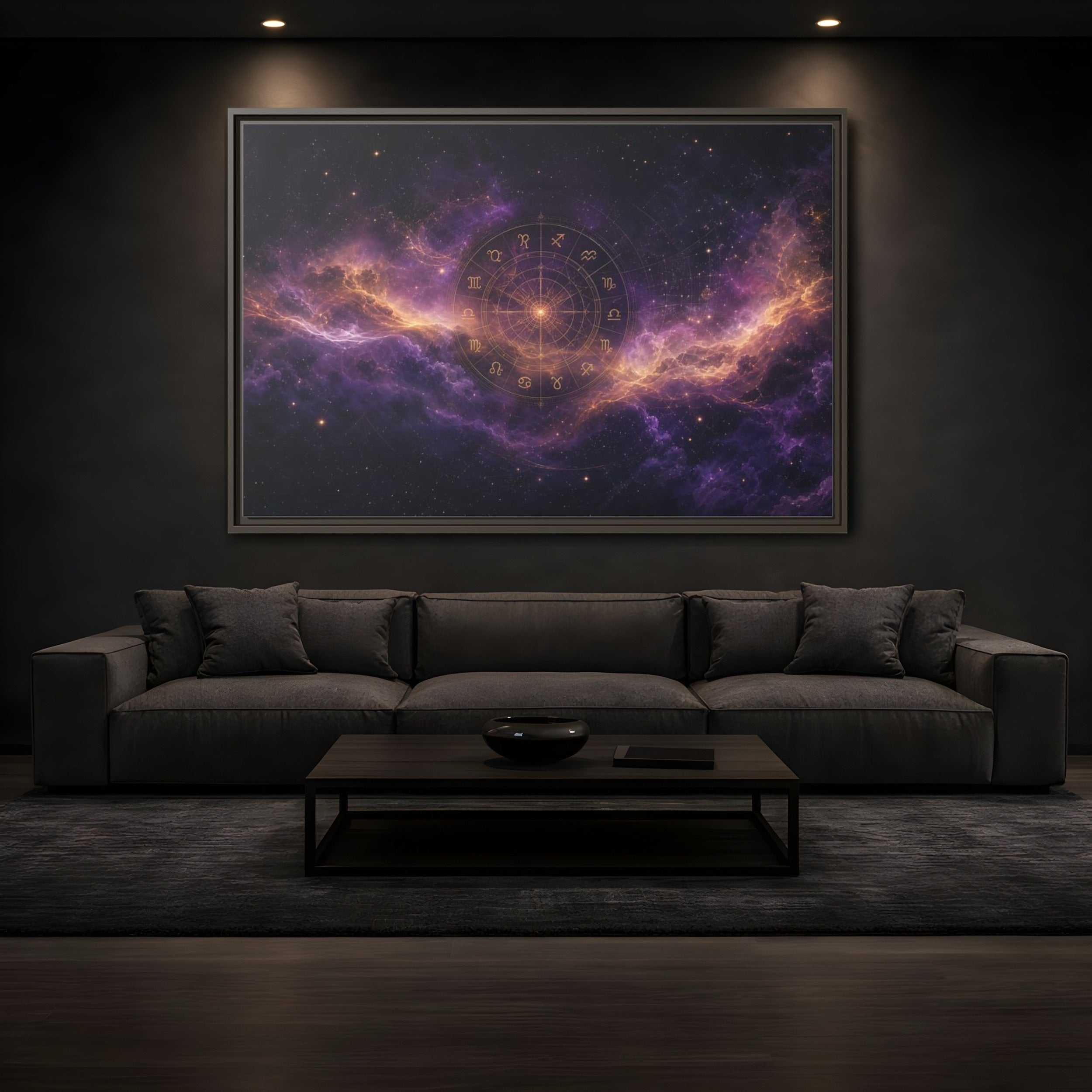 Mockup 3. Science Fiction Zodiac Wheel Purple And Gold shown as stretched canvas wall art