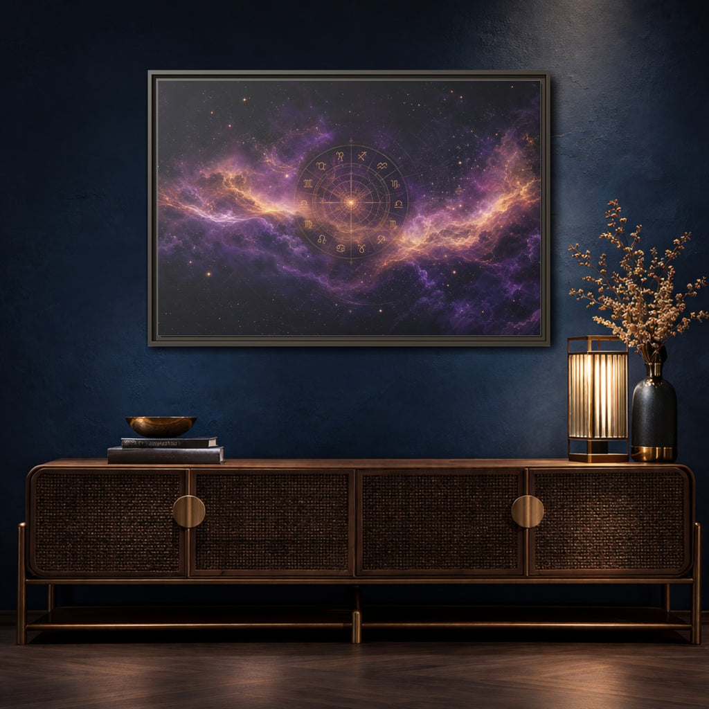 Mockup 4. Science Fiction Zodiac Wheel Purple And Gold shown as stretched canvas wall art