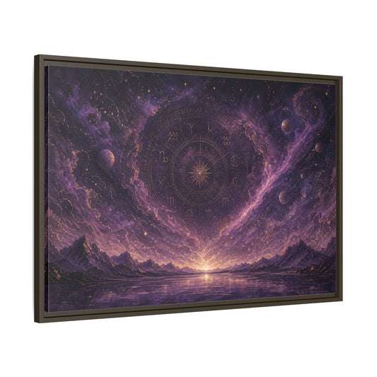 Main Mockup. Science Fiction Zodiac Wheel Purple Gold Cosmos shown as stretched canvas wall art