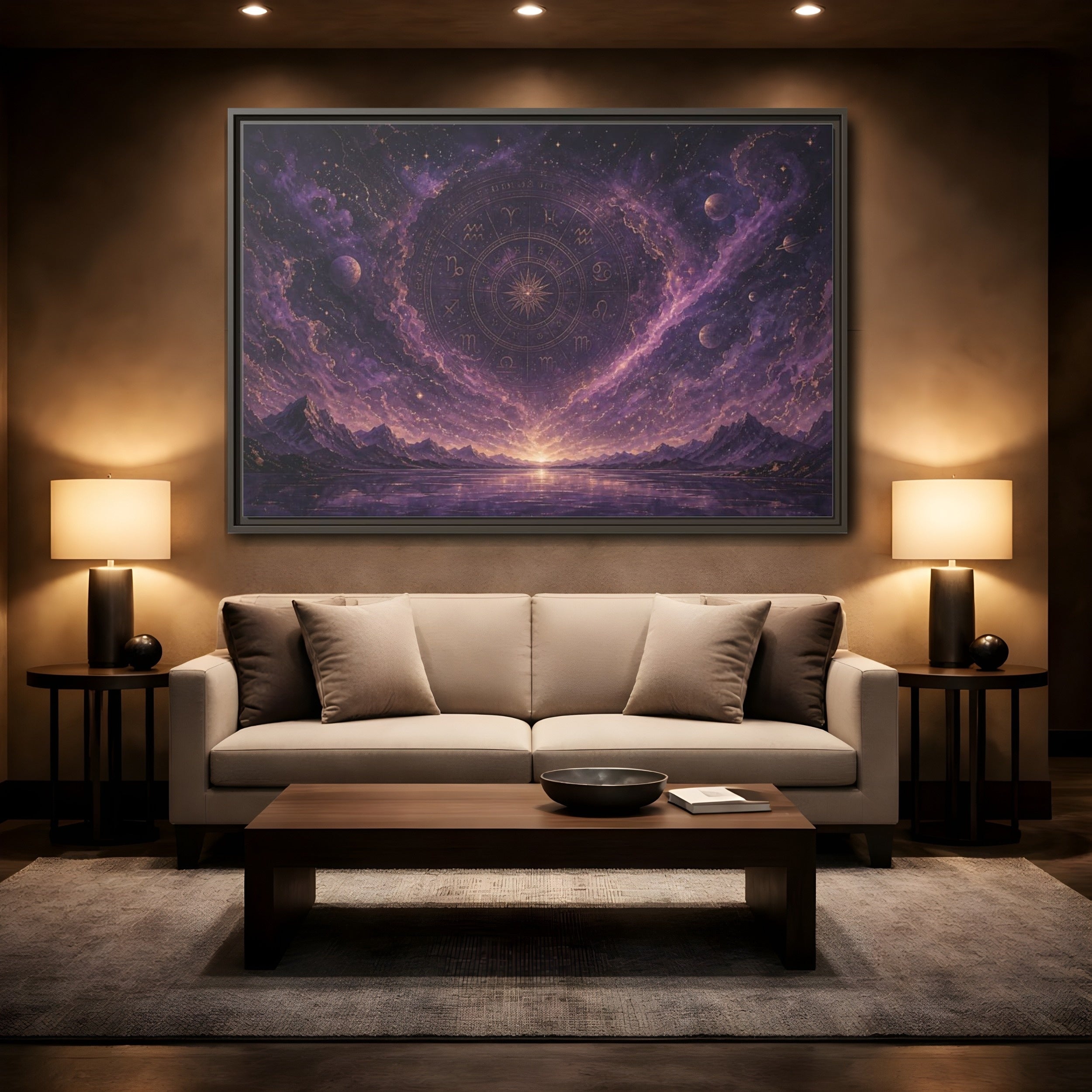 Mockup 2. Science Fiction Zodiac Wheel Purple Gold Cosmos shown as stretched canvas wall art
