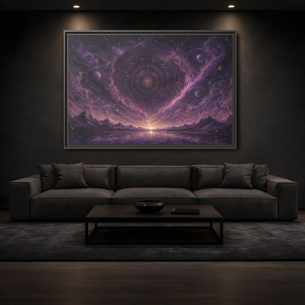 Mockup 3. Science Fiction Zodiac Wheel Purple Gold Cosmos shown as stretched canvas wall art