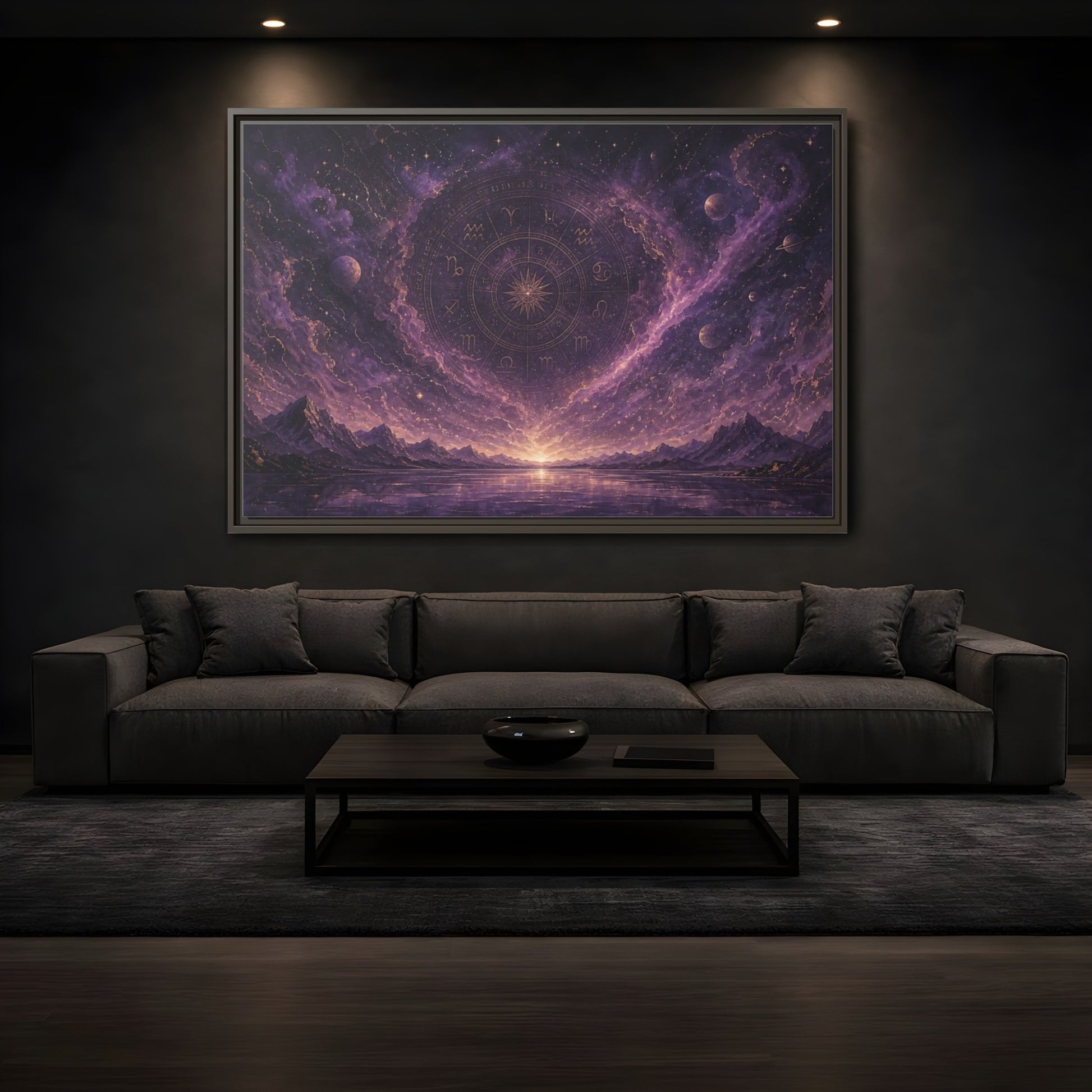 Mockup 3. Science Fiction Zodiac Wheel Purple Gold Cosmos shown as stretched canvas wall art