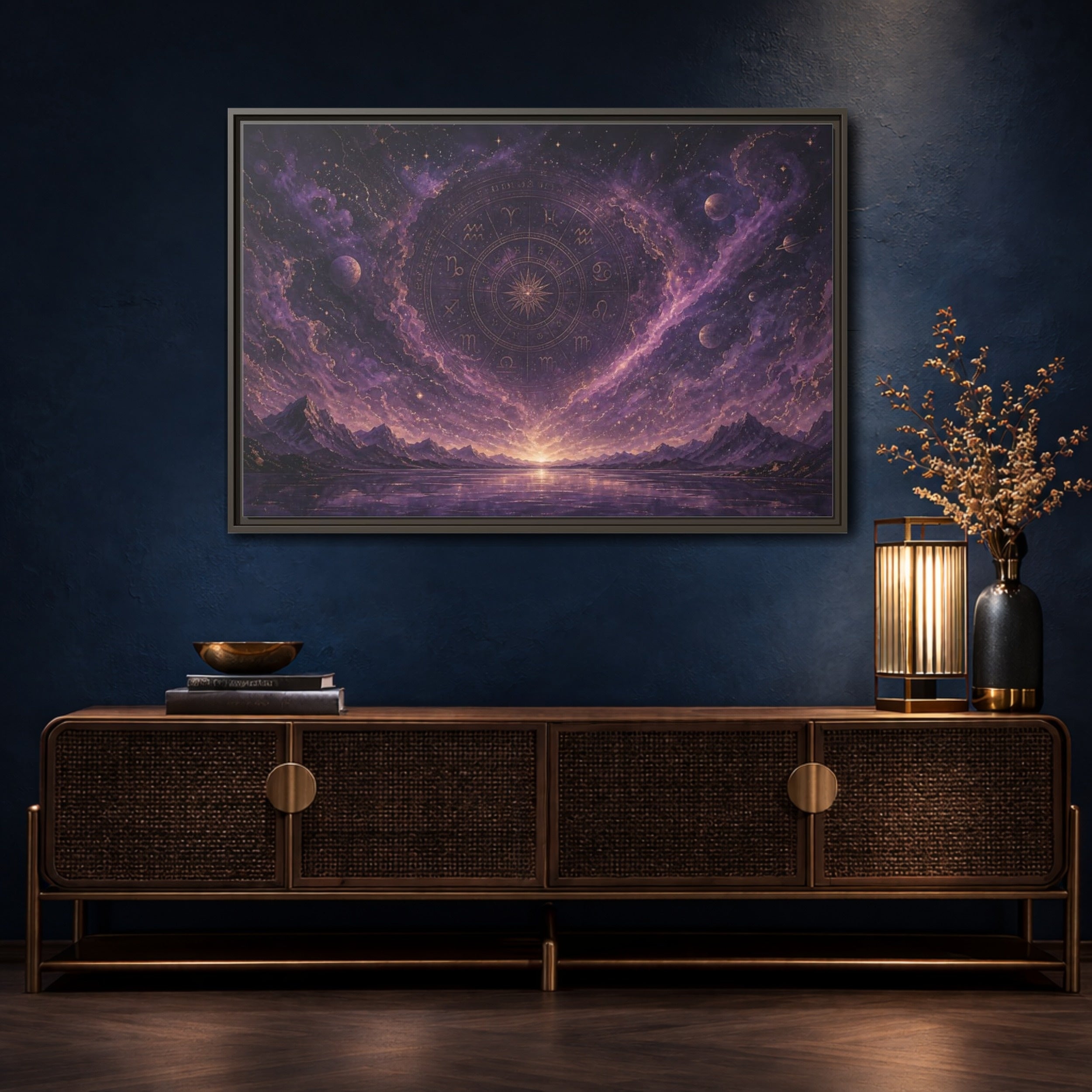 Mockup 4. Science Fiction Zodiac Wheel Purple Gold Cosmos shown as stretched canvas wall art