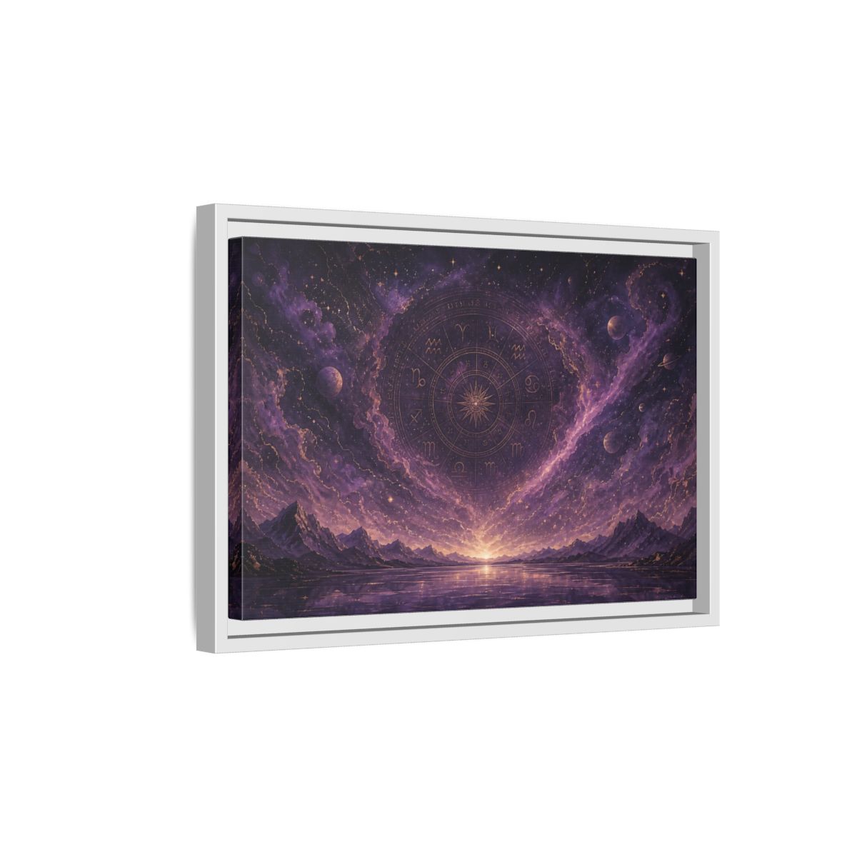 Side Mockup 4. Science Fiction Zodiac Wheel Purple Gold Cosmos shown as stretched canvas wall art