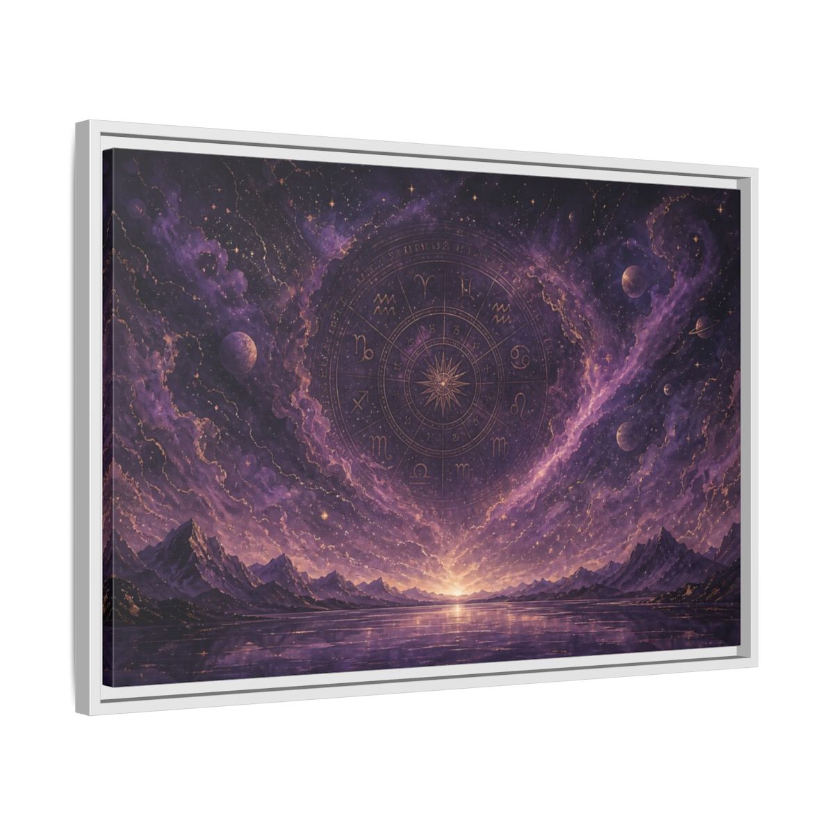 Side Mockup 10. Science Fiction Zodiac Wheel Purple Gold Cosmos shown as stretched canvas wall art