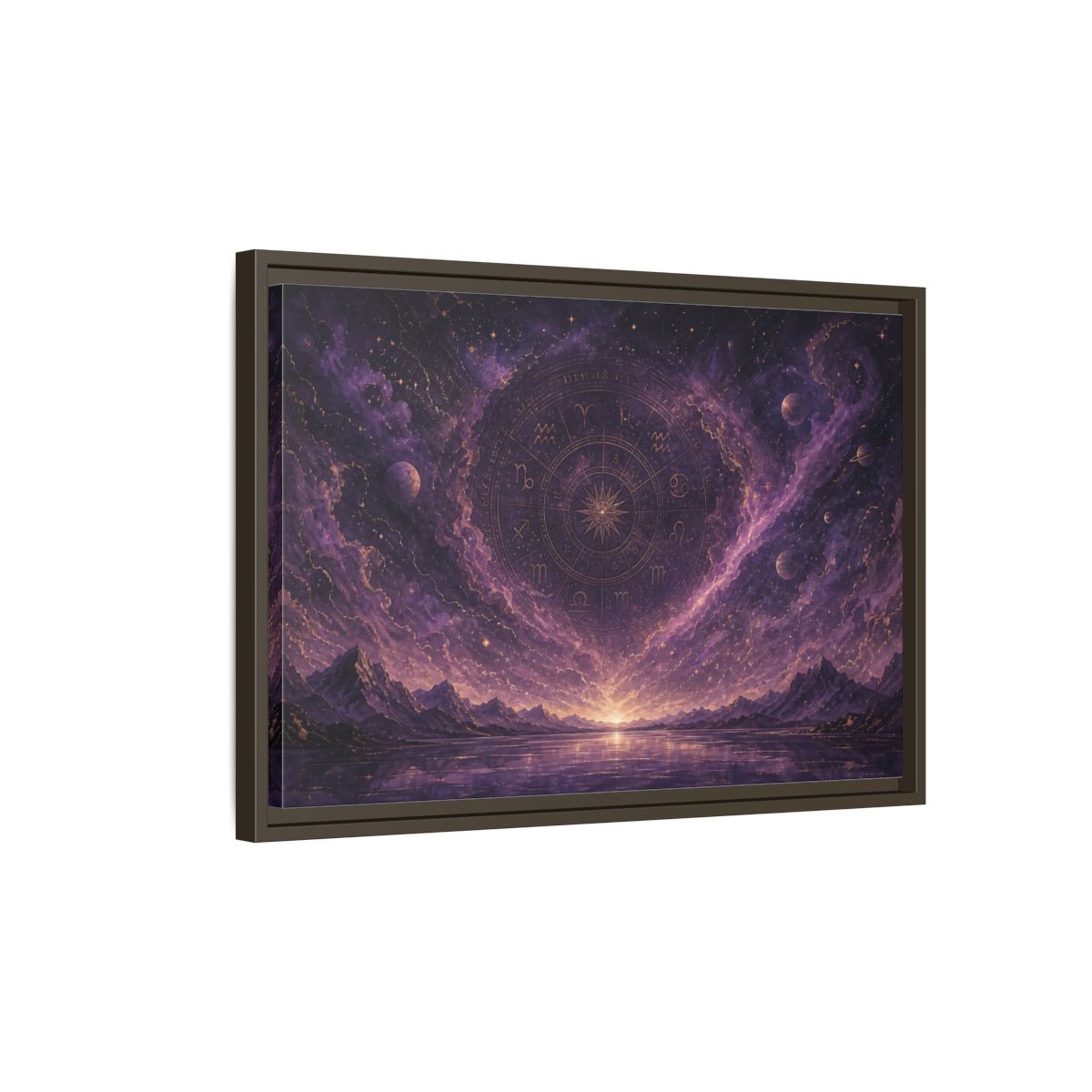 Side Mockup 2. Science Fiction Zodiac Wheel Purple Gold Cosmos shown as stretched canvas wall art