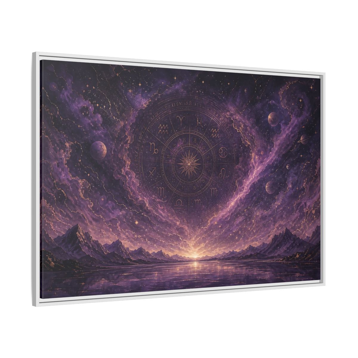 Side Mockup 7. Science Fiction Zodiac Wheel Purple Gold Cosmos shown as stretched canvas wall art