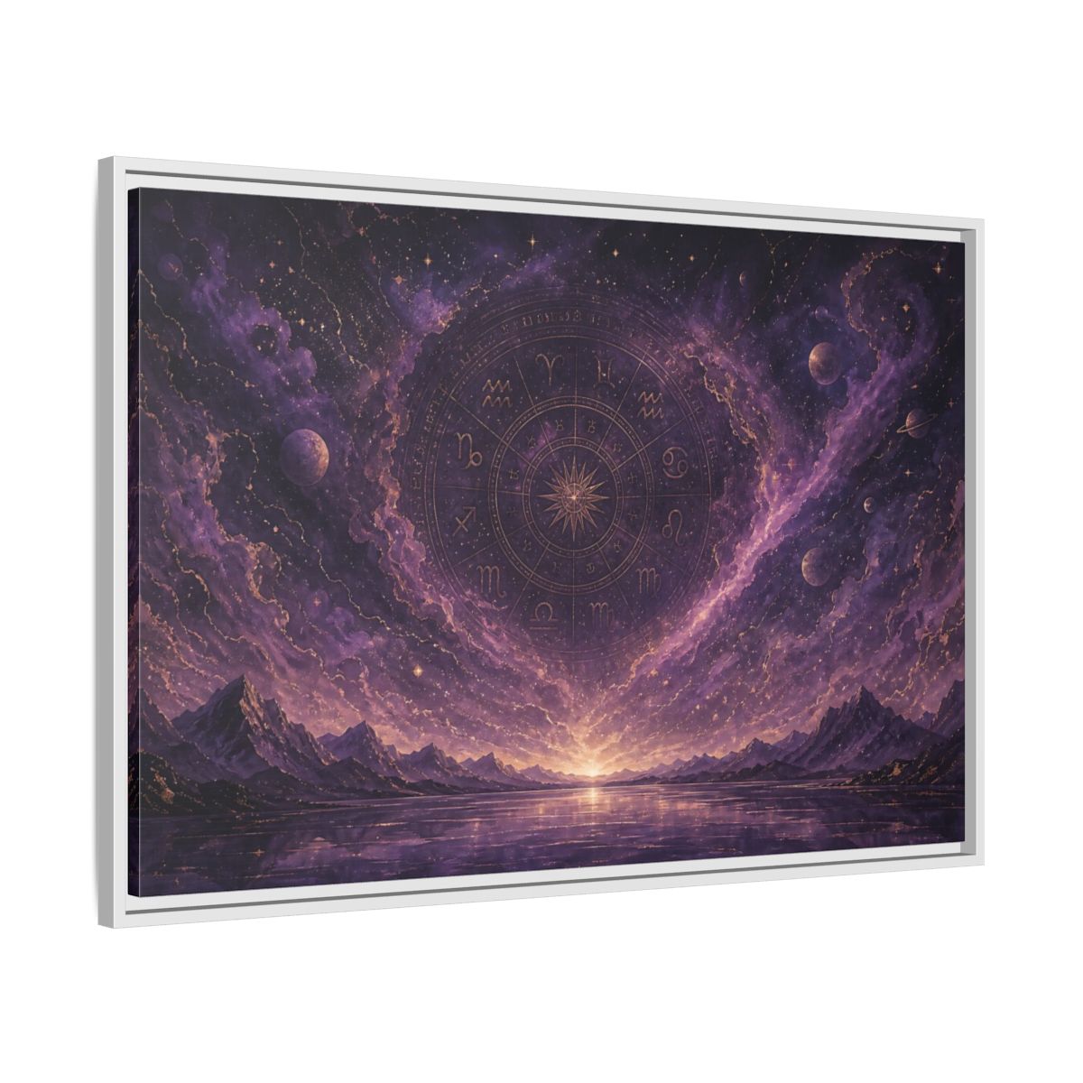 Side Mockup 9. Science Fiction Zodiac Wheel Purple Gold Cosmos shown as stretched canvas wall art