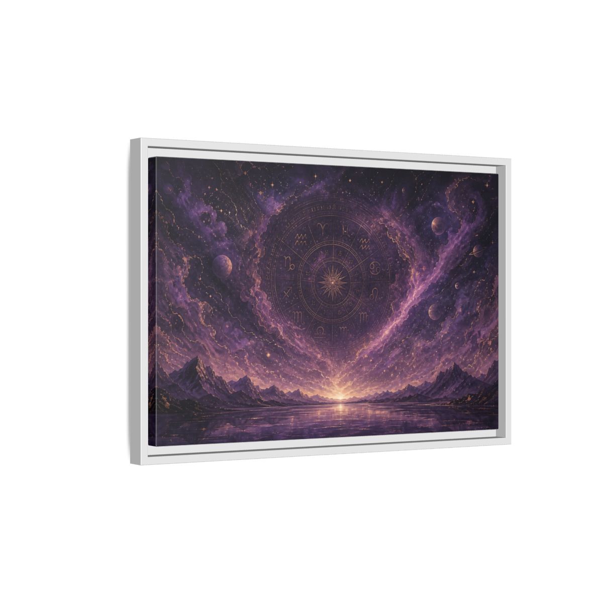Side Mockup 1. Science Fiction Zodiac Wheel Purple Gold Cosmos shown as stretched canvas wall art