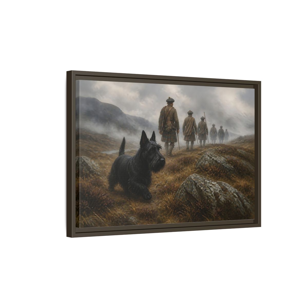 Side Mockup 2. Scottish Terrier And Highlanders shown as framed canvas print