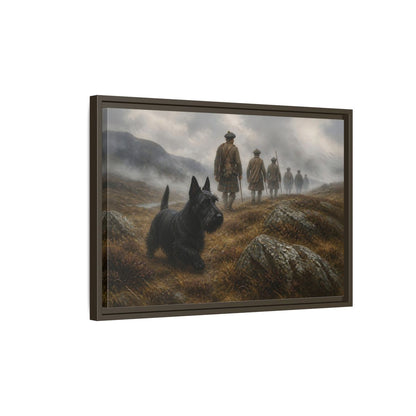 Side Mockup 2. Scottish Terrier And Highlanders shown as framed canvas print