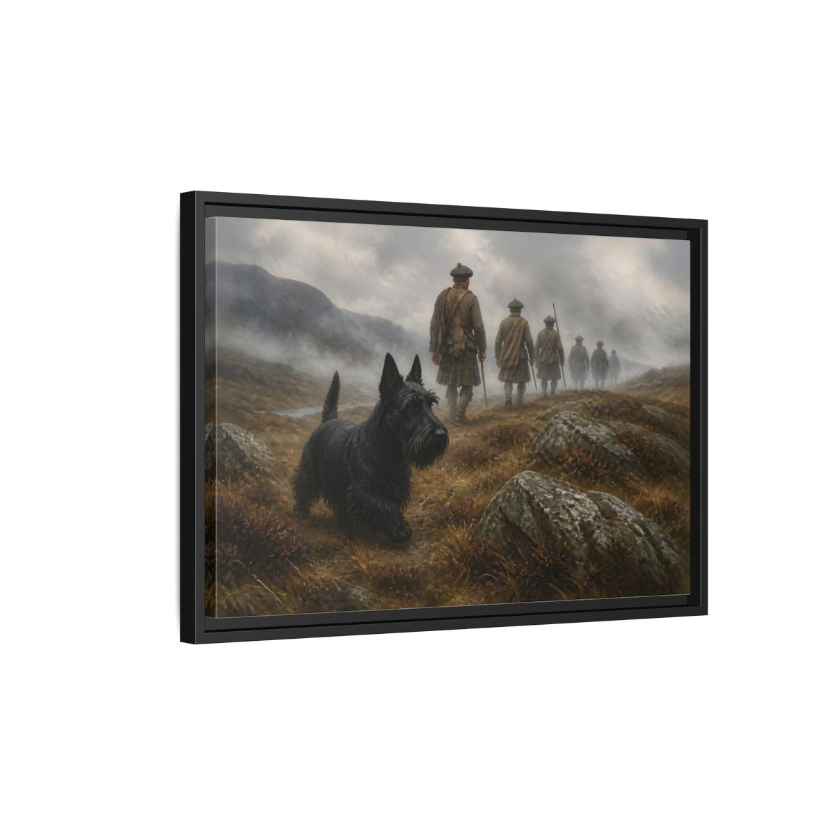 Side Mockup 3. Scottish Terrier And Highlanders shown as framed canvas print