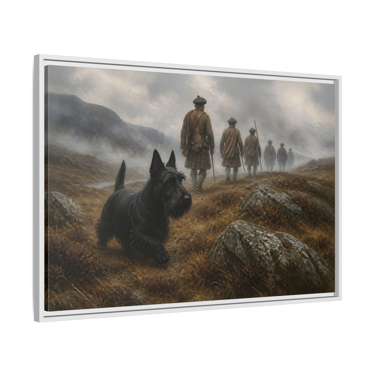 Side Mockup 9. Scottish Terrier And Highlanders shown as framed canvas print